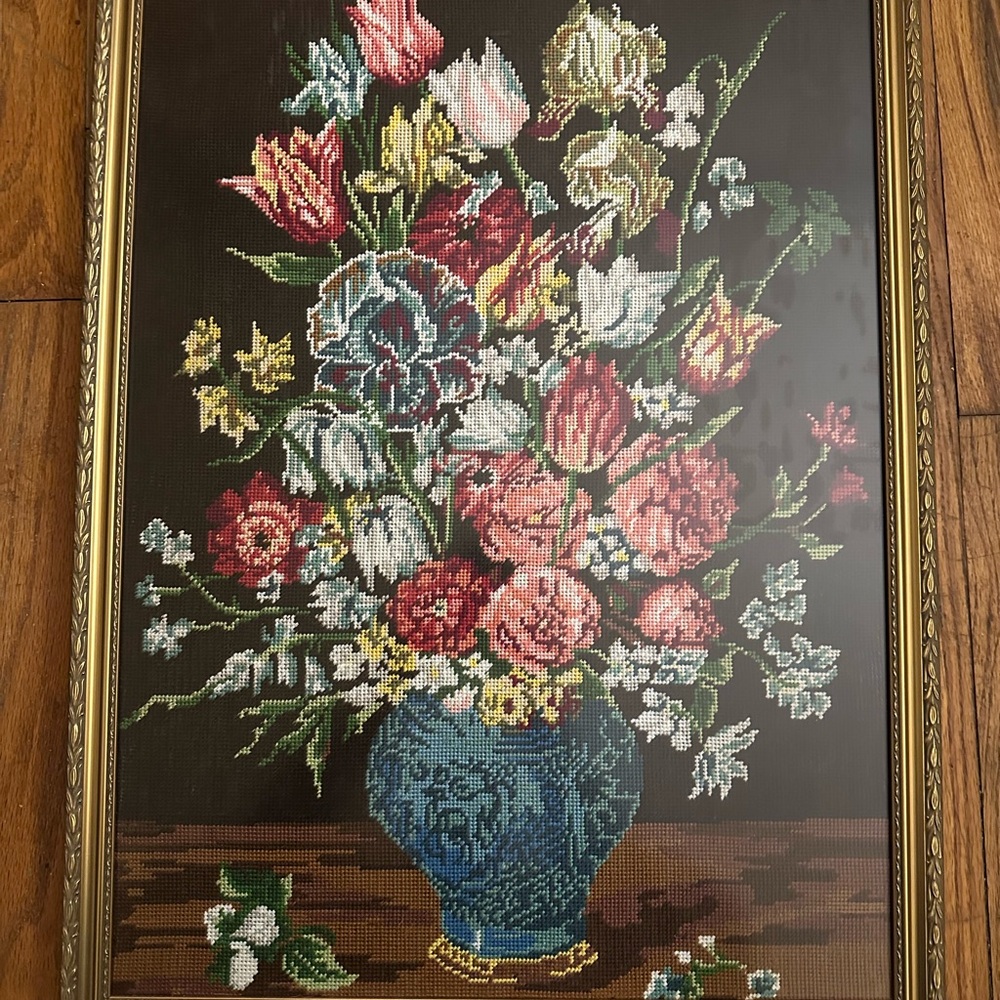 Floral Needlepoint Art in Gold Frame